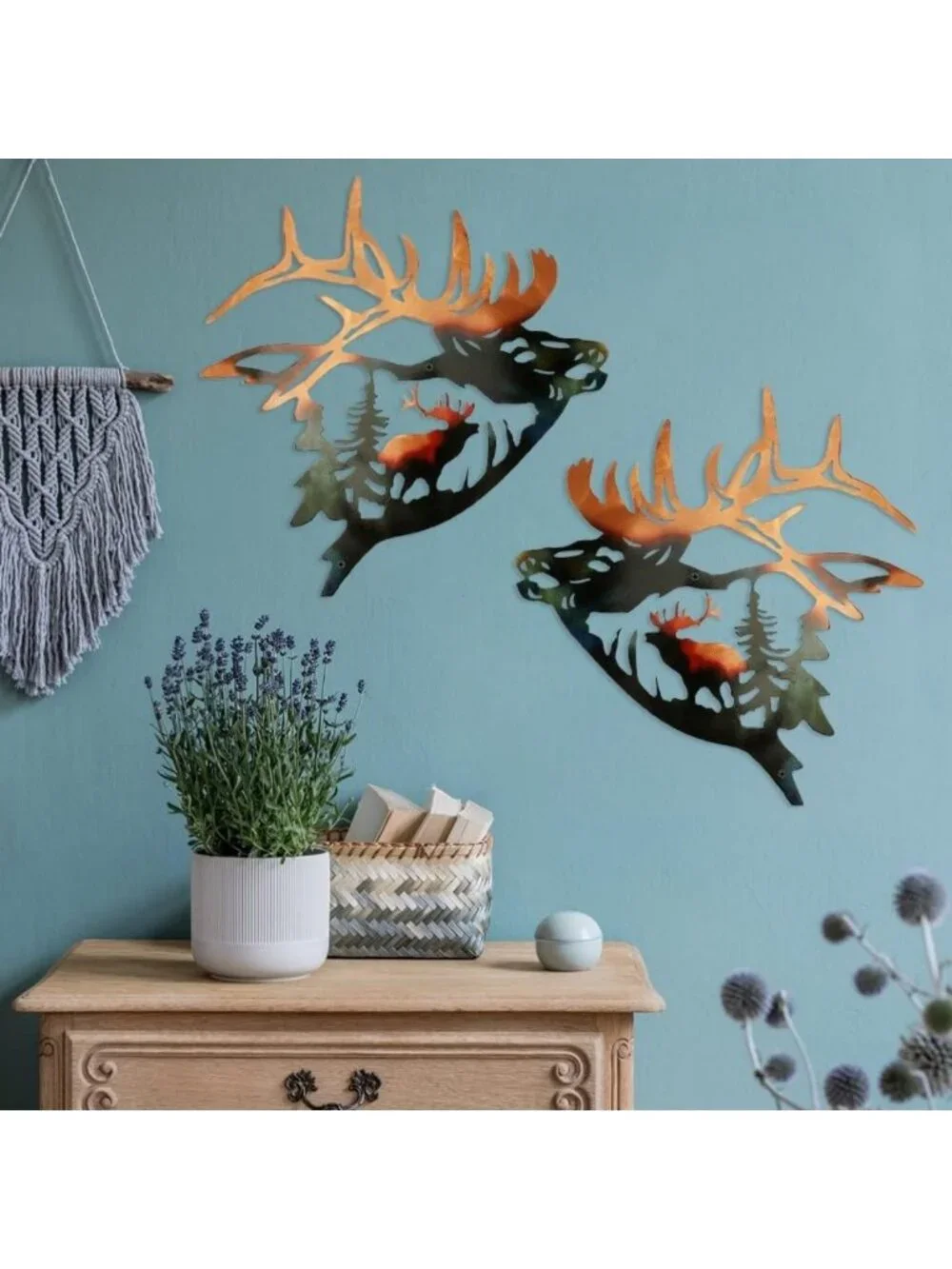 Rustic Elk Wall Art Set of 2 - Metal Deer Decor for Cabin, Home & Bedroom